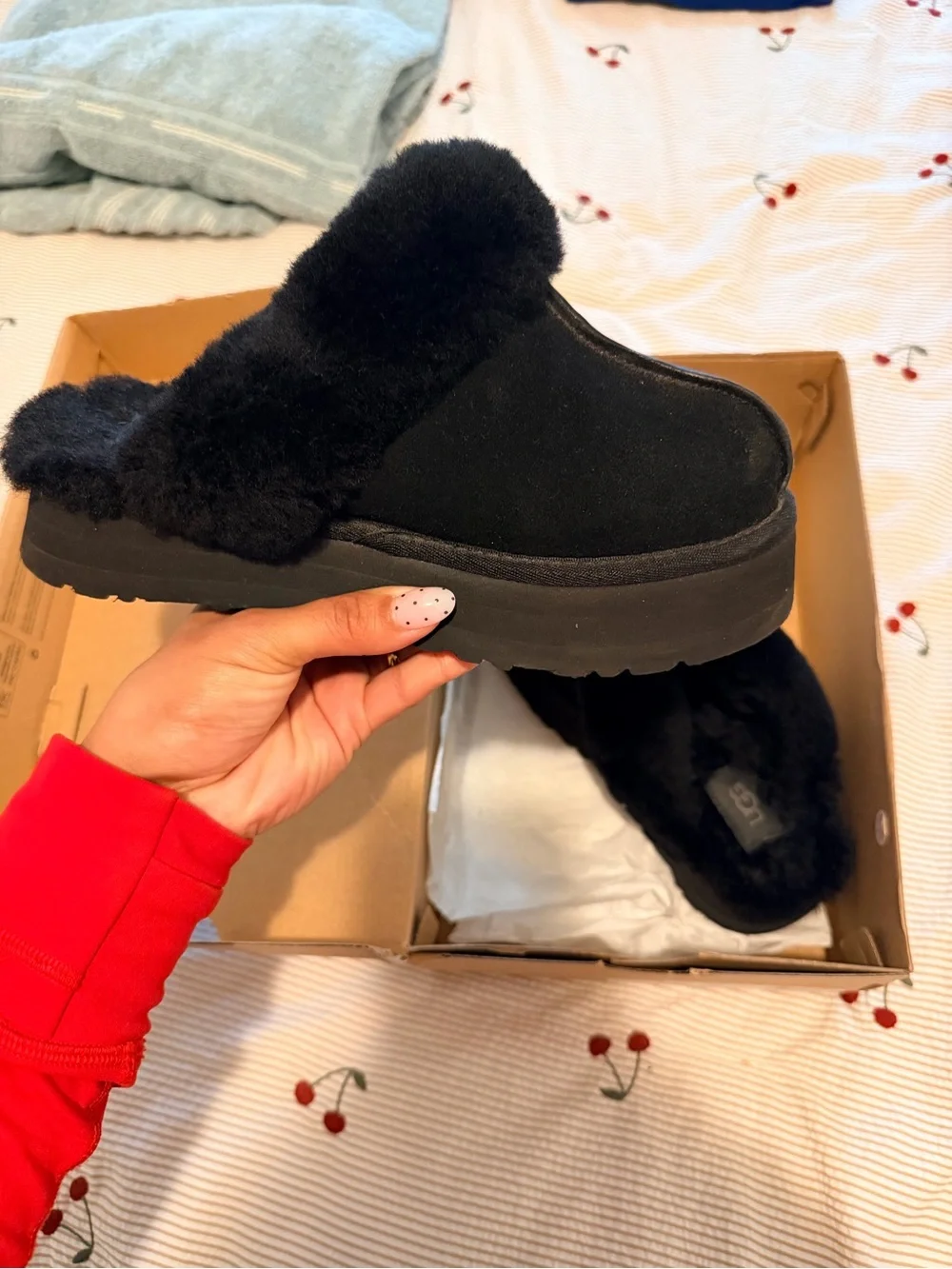 UGG Black Suede Platform Shearling Slippers